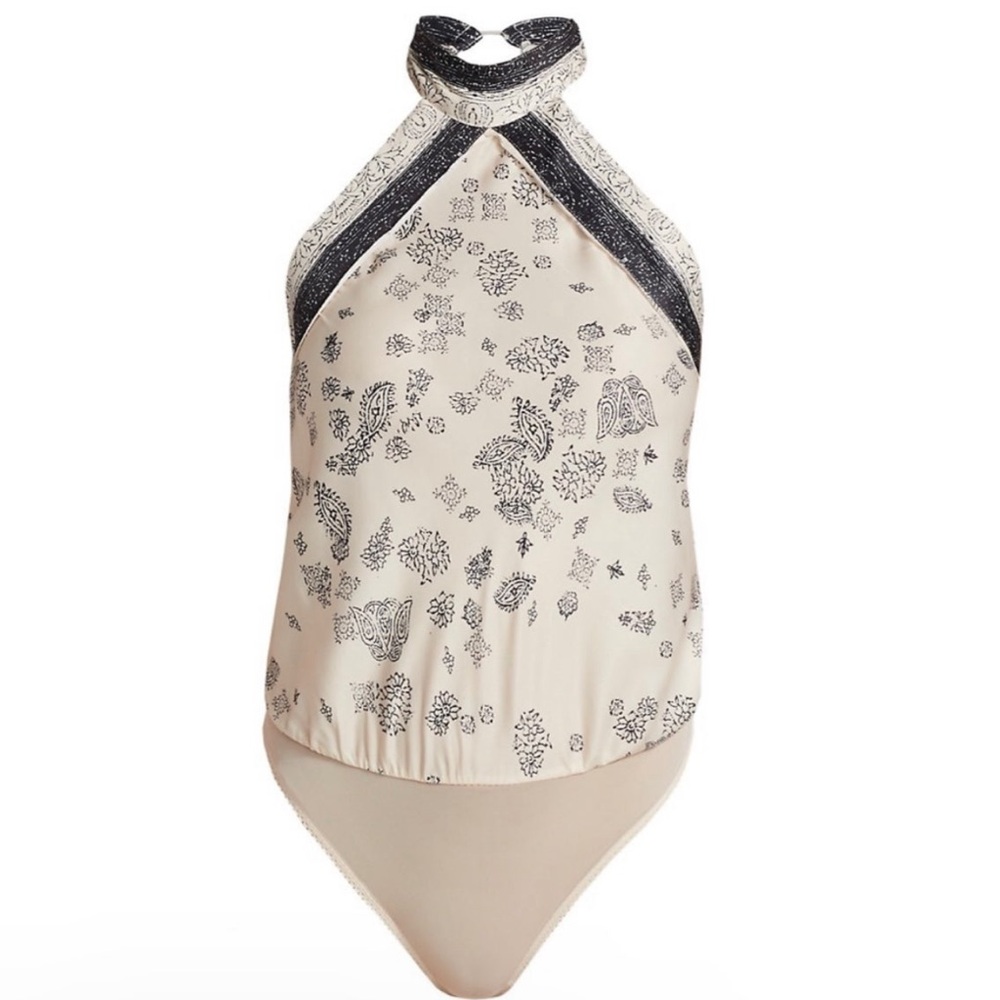 Free People Cream and Black Patterned Bodysuit